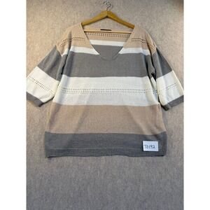 Dokotoo Womens V-Neck Striped Knit Sweater Short Sleeve Tan Grey White Top